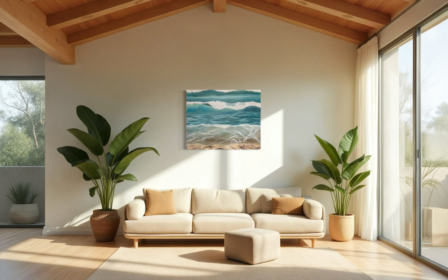 Hawaii White Plains Beach Ocean Wave Oil Painting
